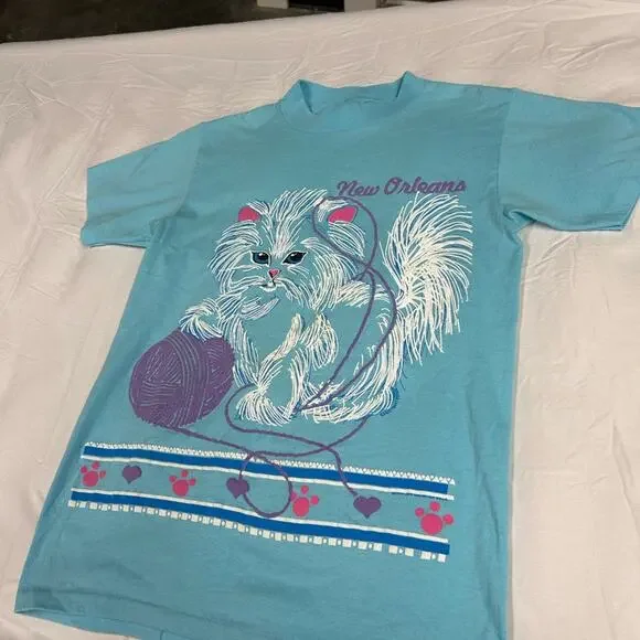 Vintage Cat Tee T-Shirt Size Small Single Stitch 80s Puff Paint New Orleans Tee - Picture 2 of 12